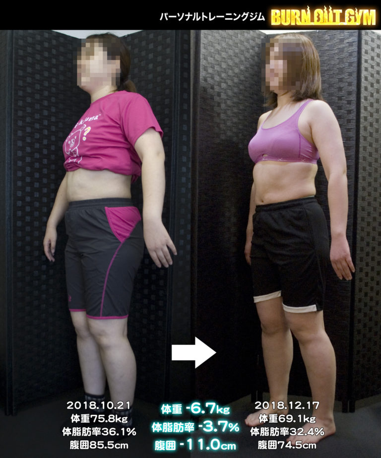30代女性 160cm代の方のビフォーアフター パーソナルトレーニング・ダイエットジム BURN OUT GYM（バーンアウトジム）