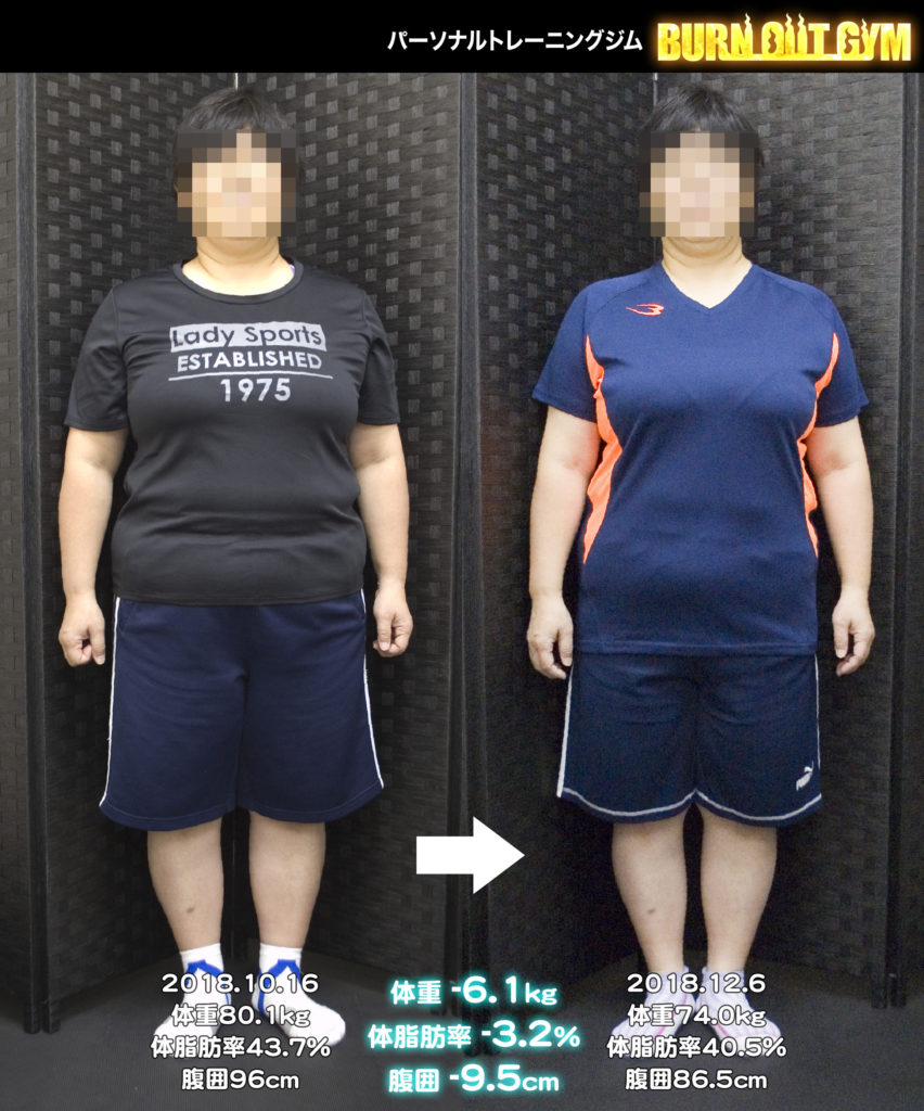 40代女性、身長140cm代ビフォーアフター パーソナルトレーニング・ダイエットジム BURN OUT GYM（バーンアウトジム）